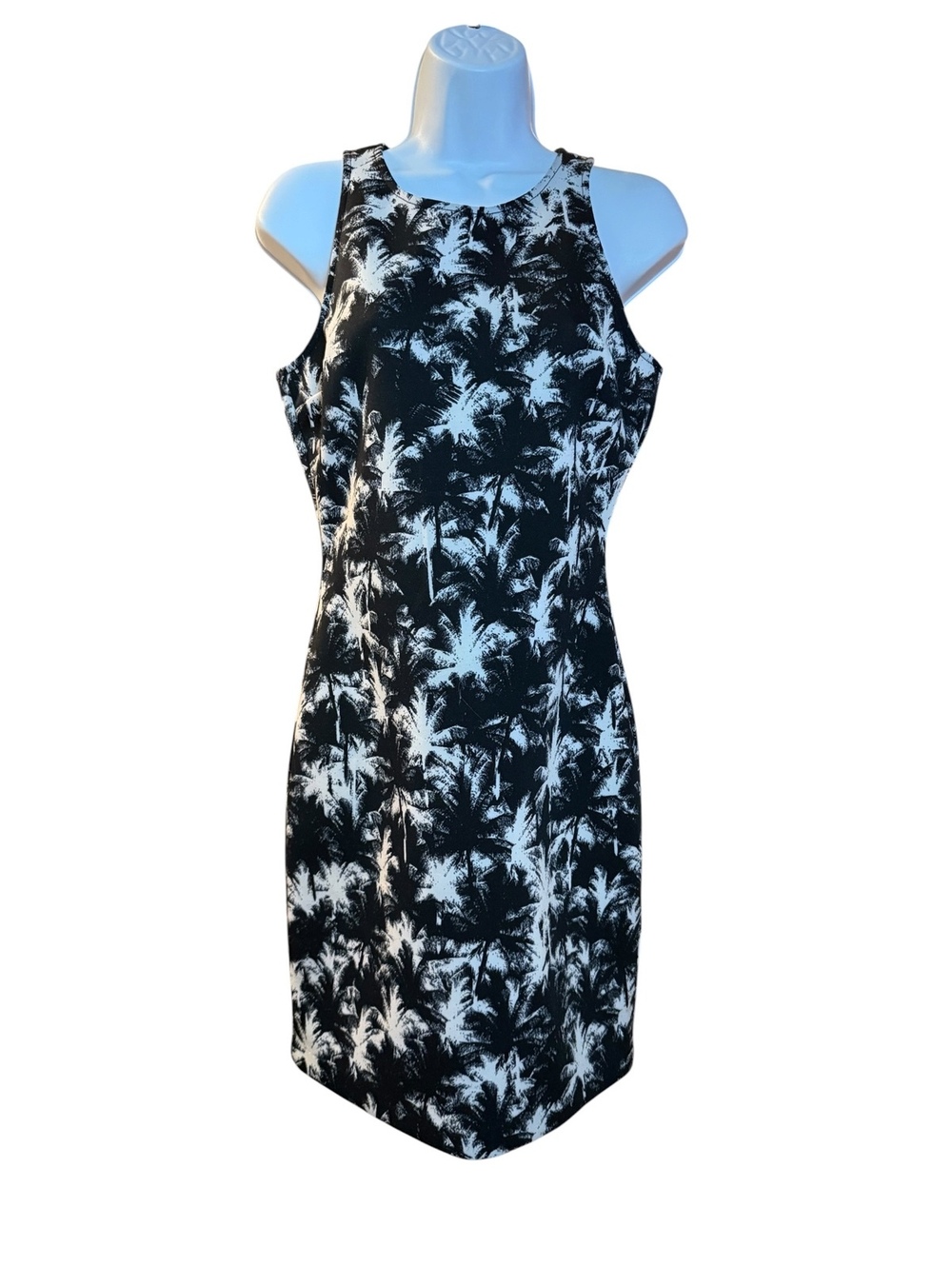 Guess Black and White Palm Tree Print Sleeveless Dress
